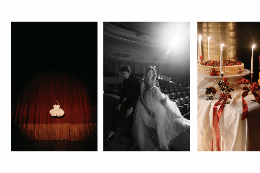 Editorial-style wedding photography collage featuring a dress on stage, a couple in dramatic lighting, and a romantic cake table