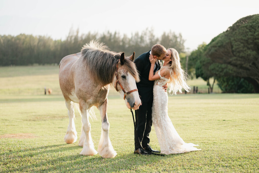 Bride and groom kiss during a farm wedding in Hawai‘i while holding the reins of a large horse, captured by a destination wedding photographer
