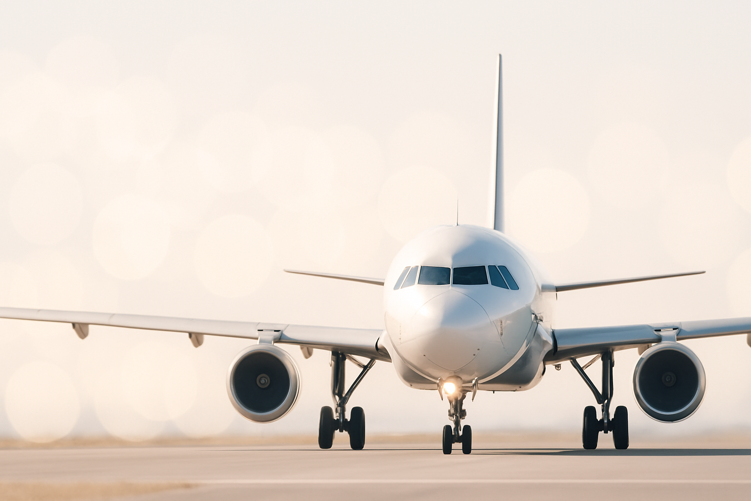 Soft-focus photo of a modern airplane cabin window with bright natural light and gentle bokeh in the background, evoking a clean and calming atmosphere
