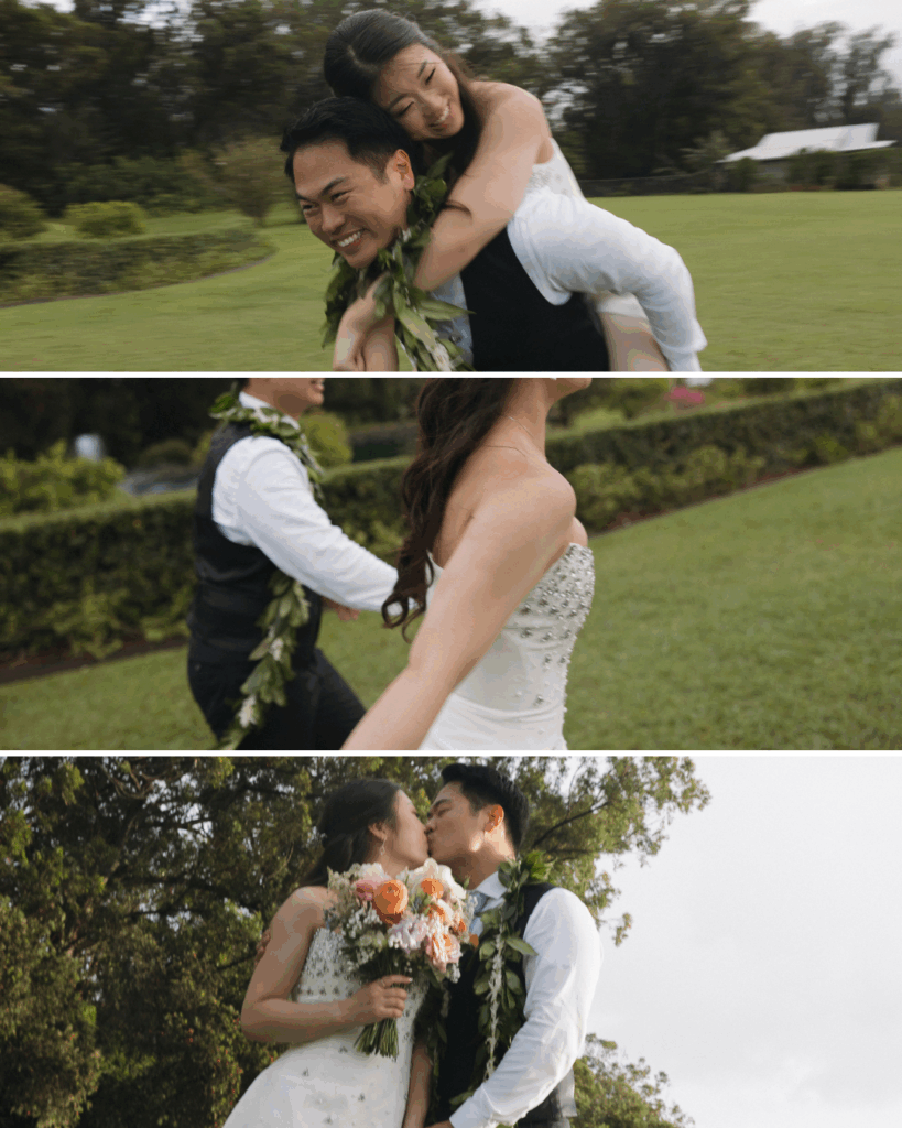 Bride and groom laughing and embracing outdoors during a relaxed wedding portrait session in natural light