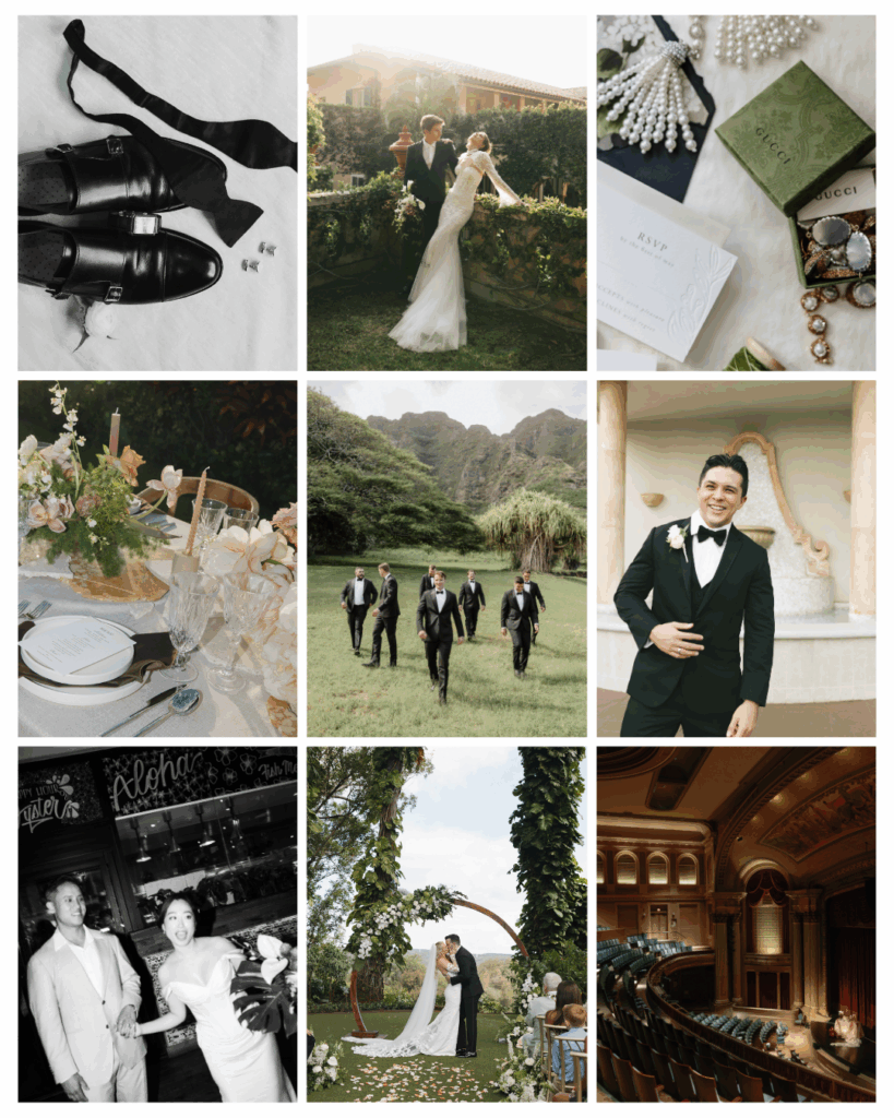 Luxury wedding collage featuring black tie portraits, invitation details, ceremony moments, and architectural interiors