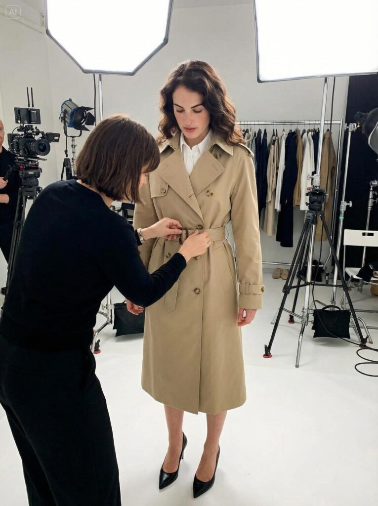 Behind the scenes fashion shoot with a stylist adjusting a beige trench coat on a model in a studio, surrounded by lighting equipment and clothing racks.
