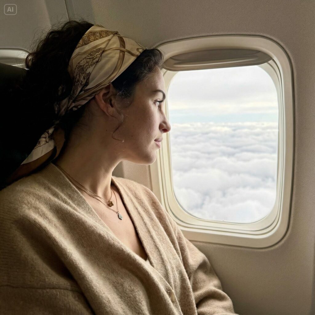 Woman gazing out an airplane window above the clouds, wearing a neutral knit top and silk headscarf in soft natural light during air travel.